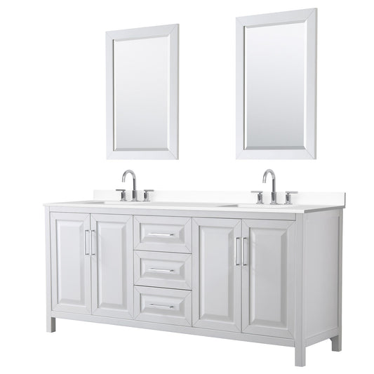 Wyndham Collection Daria 80" Double Bathroom Vanity in White, White Cultured Marble Countertop, Undermount Square Sinks (3-Hole), Polished Chrome Trim, 24" Mirrors