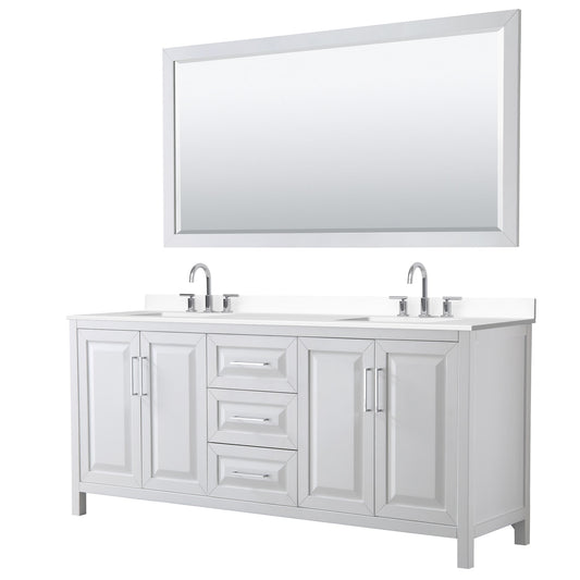 Wyndham Collection Daria 80" Double Bathroom Vanity in White, White Cultured Marble Countertop, Undermount Square Sinks (3-Hole), Polished Chrome Trim, 70" Mirror