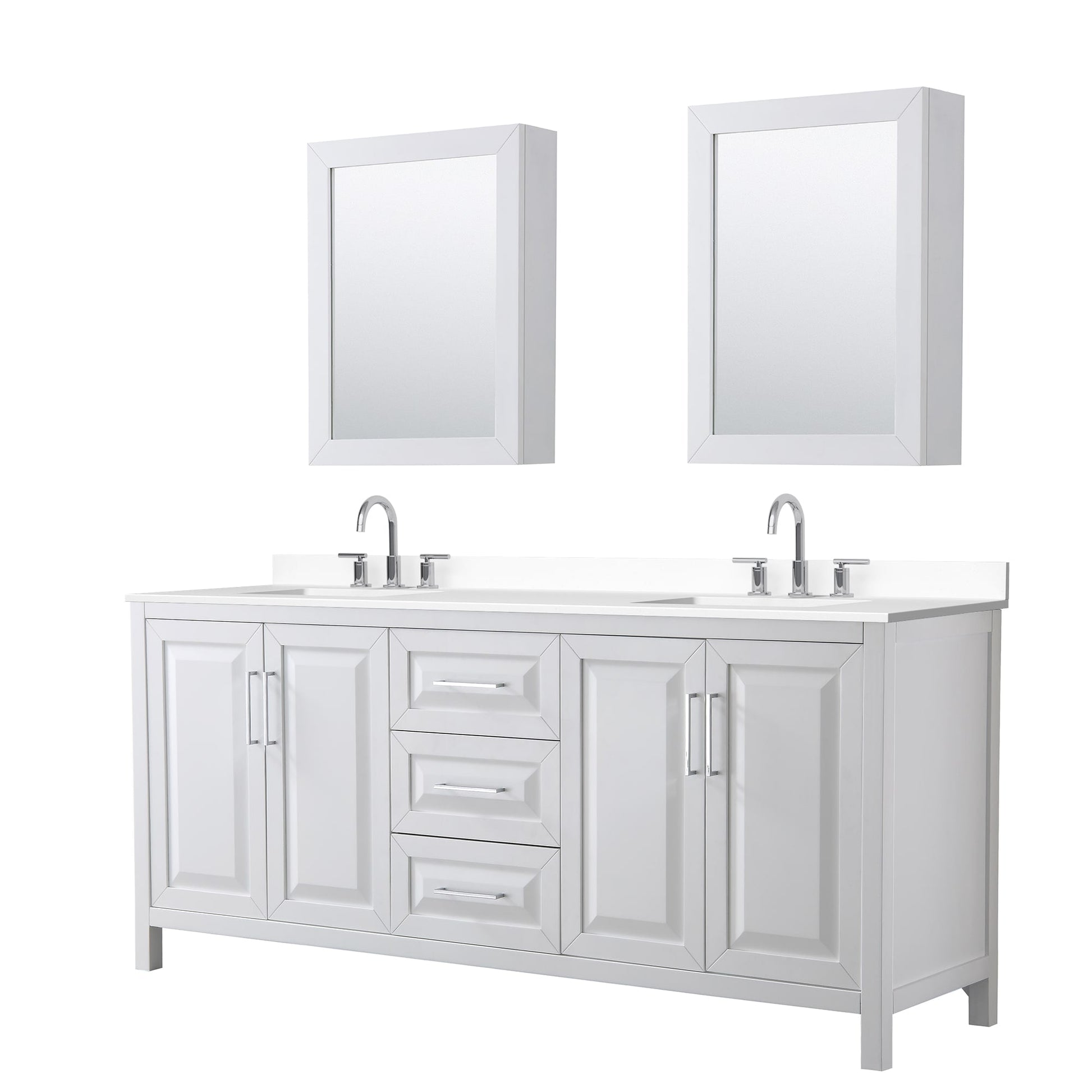 Wyndham Collection Daria 80" Double Bathroom Vanity in White, White Cultured Marble Countertop, Undermount Square Sinks (3-Hole), Polished Chrome Trim, Medicine Cabinets