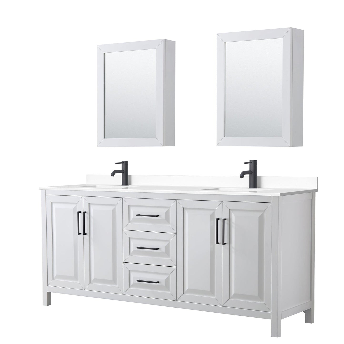 Wyndham Collection Daria 80" Double Bathroom Vanity in White, White Cultured Marble Countertop, Undermount Square Sinks, Matte Black Trim, Medicine Cabinets