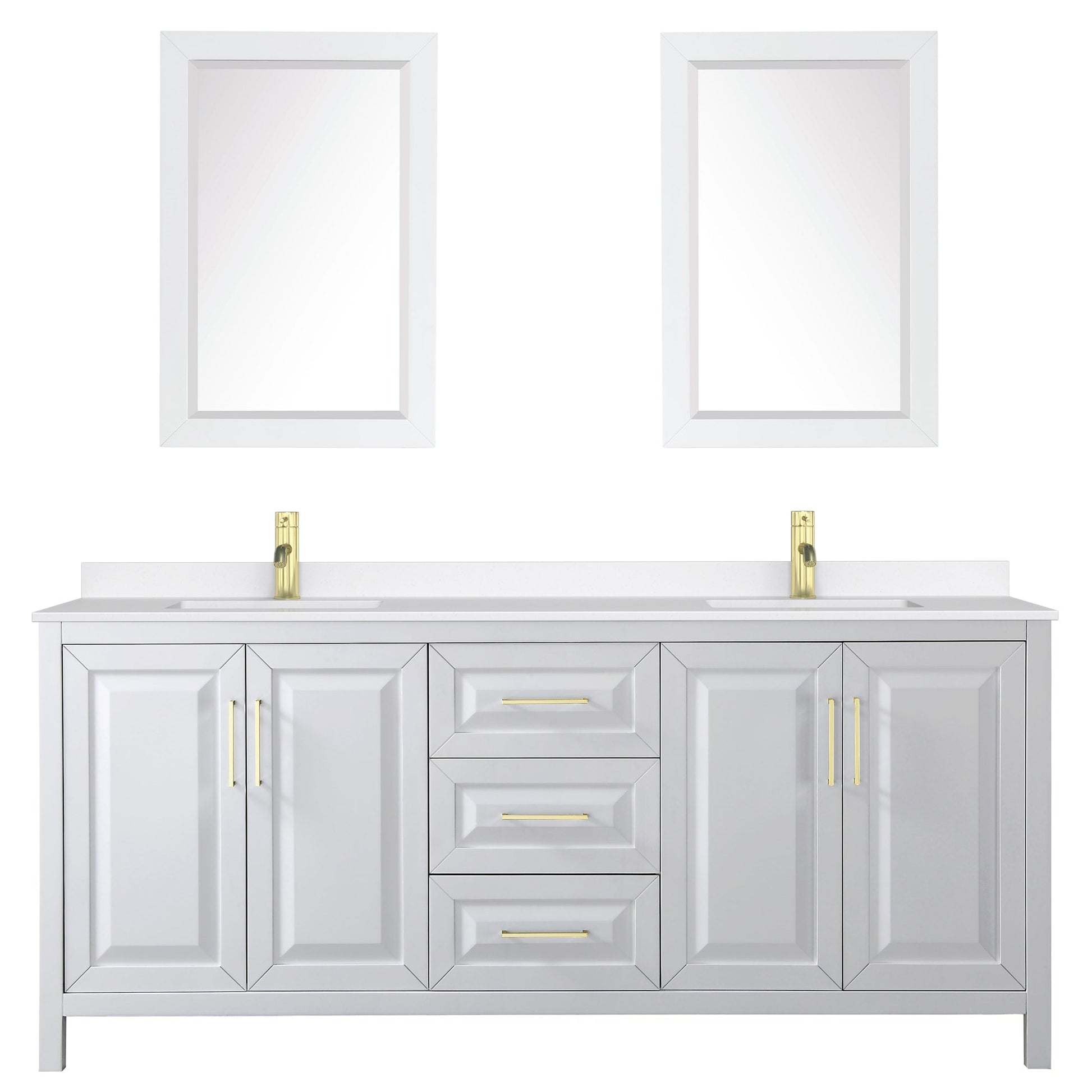 Wyndham Collection Daria 80" Double Bathroom Vanity in White, White Quartz Countertop, Undermount Square Sinks (1-Hole), Brushed Gold Trim, 24" Mirrors