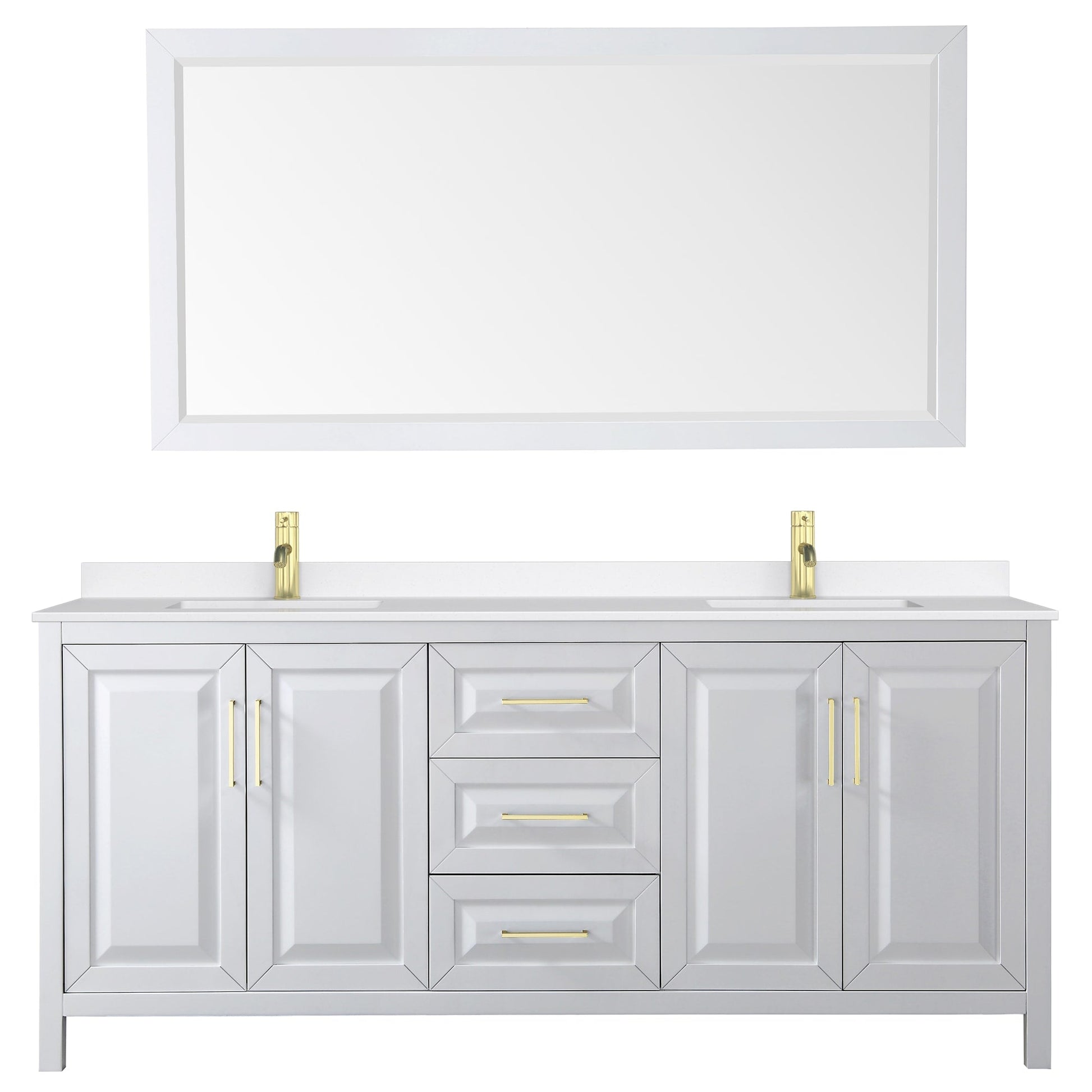 Wyndham Collection Daria 80" Double Bathroom Vanity in White, White Quartz Countertop, Undermount Square Sinks (1-Hole), Brushed Gold Trim, 70" Mirror