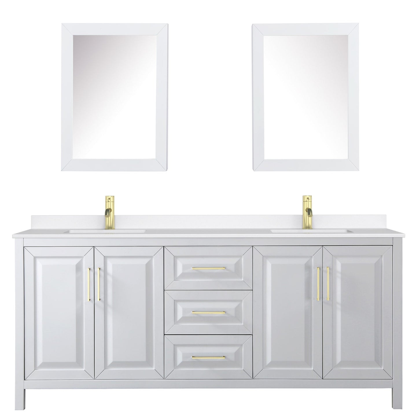 Wyndham Collection Daria 80" Double Bathroom Vanity in White, White Quartz Countertop, Undermount Square Sinks (1-Hole), Brushed Gold Trim, Medicine Cabinets