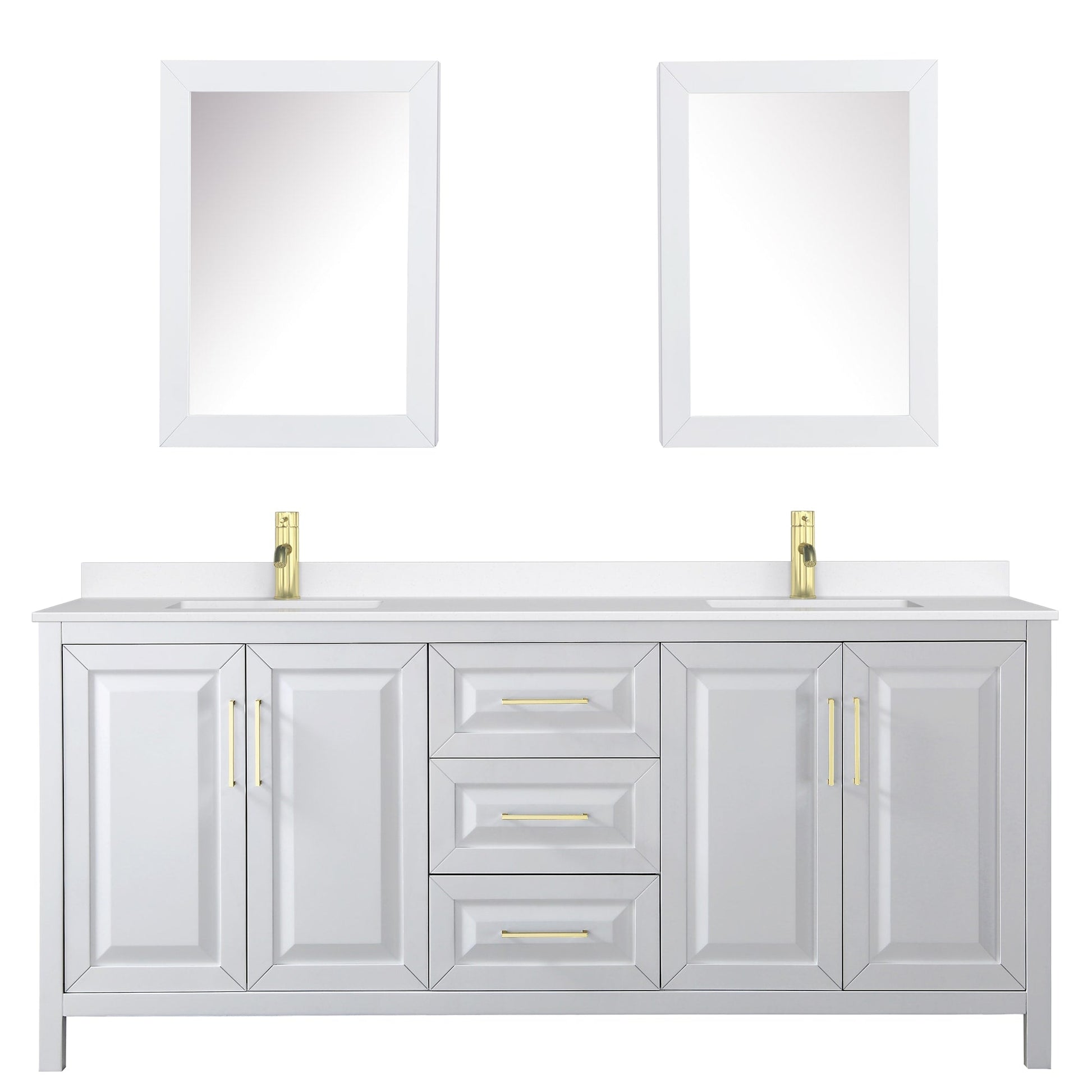 Wyndham Collection Daria 80" Double Bathroom Vanity in White, White Quartz Countertop, Undermount Square Sinks (1-Hole), Brushed Gold Trim, Medicine Cabinets