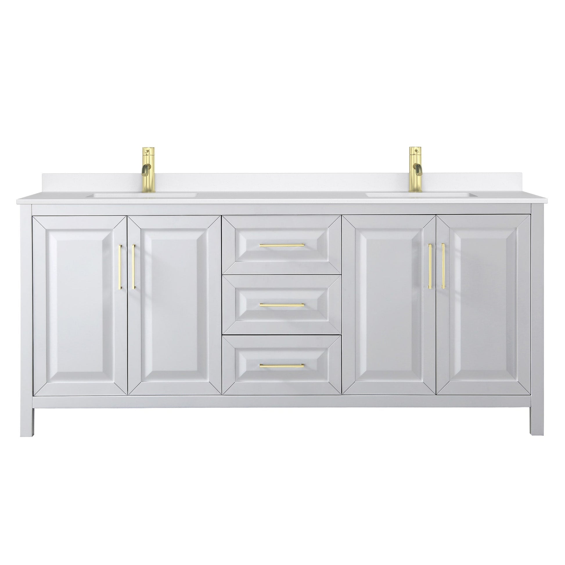 Wyndham Collection Daria 80" Double Bathroom Vanity in White, White Quartz Countertop, Undermount Square Sinks (1-Hole), Brushed Gold Trim