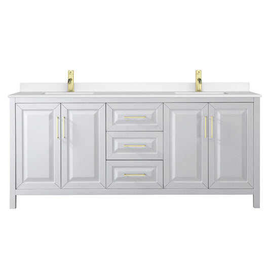 Wyndham Collection Daria 80" Double Bathroom Vanity in White, White Quartz Countertop, Undermount Square Sinks (1-Hole), Brushed Gold Trim