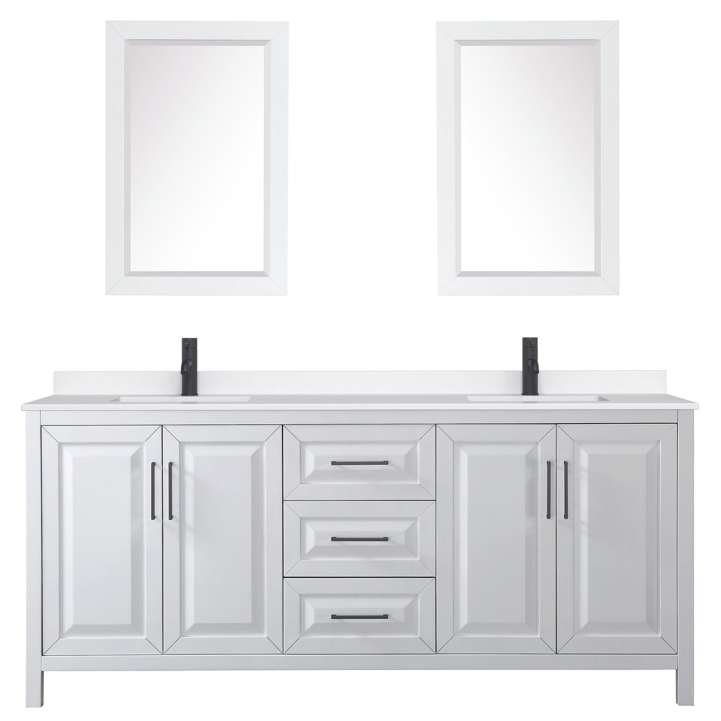 Wyndham Collection Daria 80" Double Bathroom Vanity in White, White Quartz Countertop, Undermount Square Sinks (1-Hole), Matte Black Trim, 24" Mirrors
