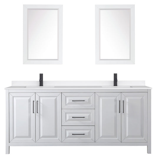 Wyndham Collection Daria 80" Double Bathroom Vanity in White, White Quartz Countertop, Undermount Square Sinks (1-Hole), Matte Black Trim, 24" Mirrors