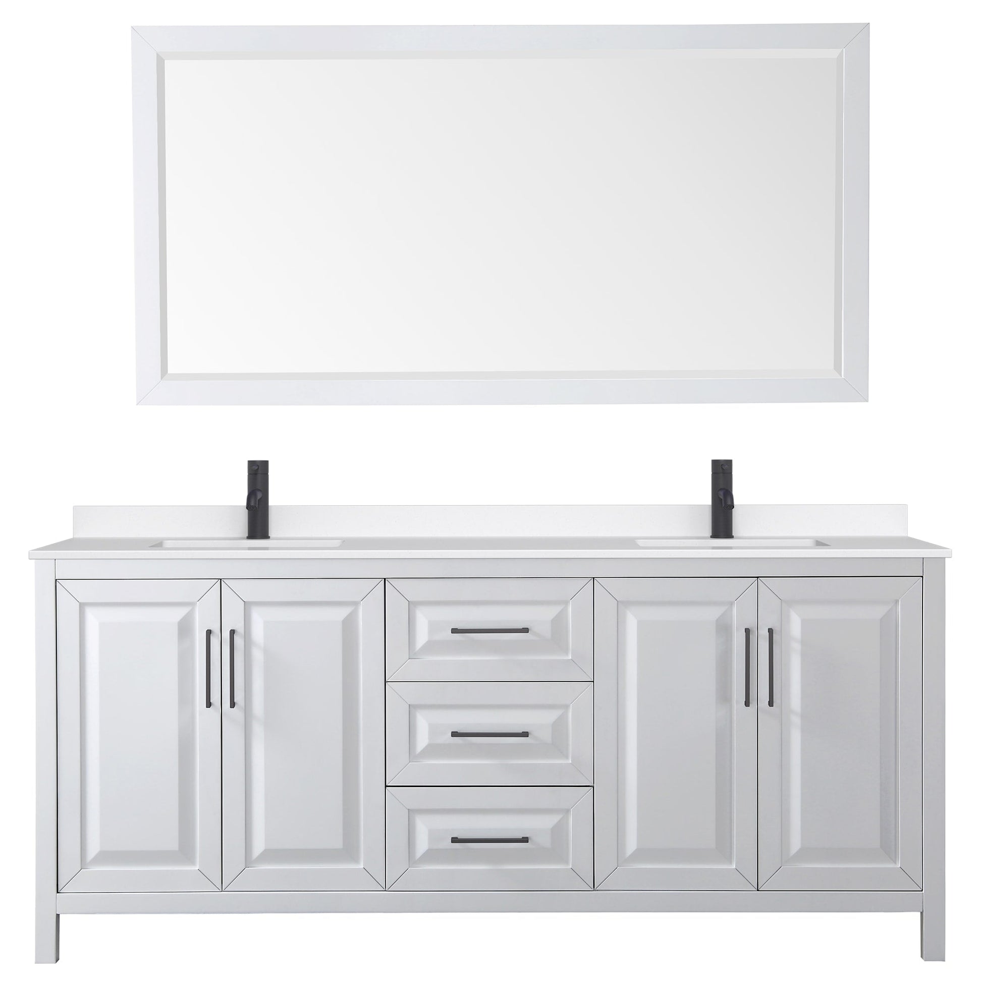 Wyndham Collection Daria 80" Double Bathroom Vanity in White, White Quartz Countertop, Undermount Square Sinks (1-Hole), Matte Black Trim, 70" Mirror