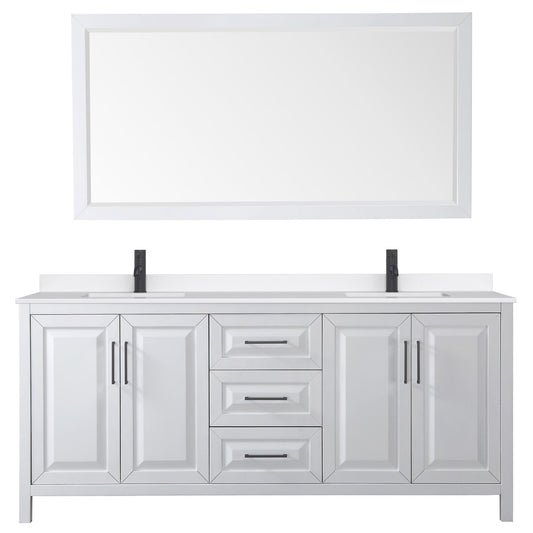 Wyndham Collection Daria 80" Double Bathroom Vanity in White, White Quartz Countertop, Undermount Square Sinks (1-Hole), Matte Black Trim, 70" Mirror