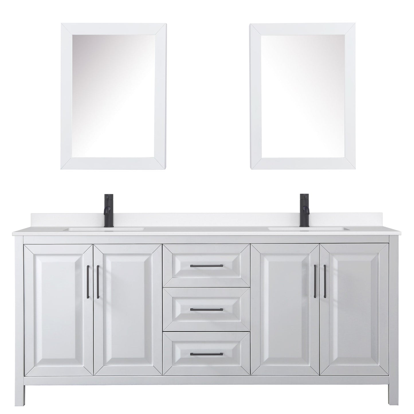 Wyndham Collection Daria 80" Double Bathroom Vanity in White, White Quartz Countertop, Undermount Square Sinks (1-Hole), Matte Black Trim, Medicine Cabinets