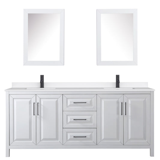 Wyndham Collection Daria 80" Double Bathroom Vanity in White, White Quartz Countertop, Undermount Square Sinks (1-Hole), Matte Black Trim, Medicine Cabinets