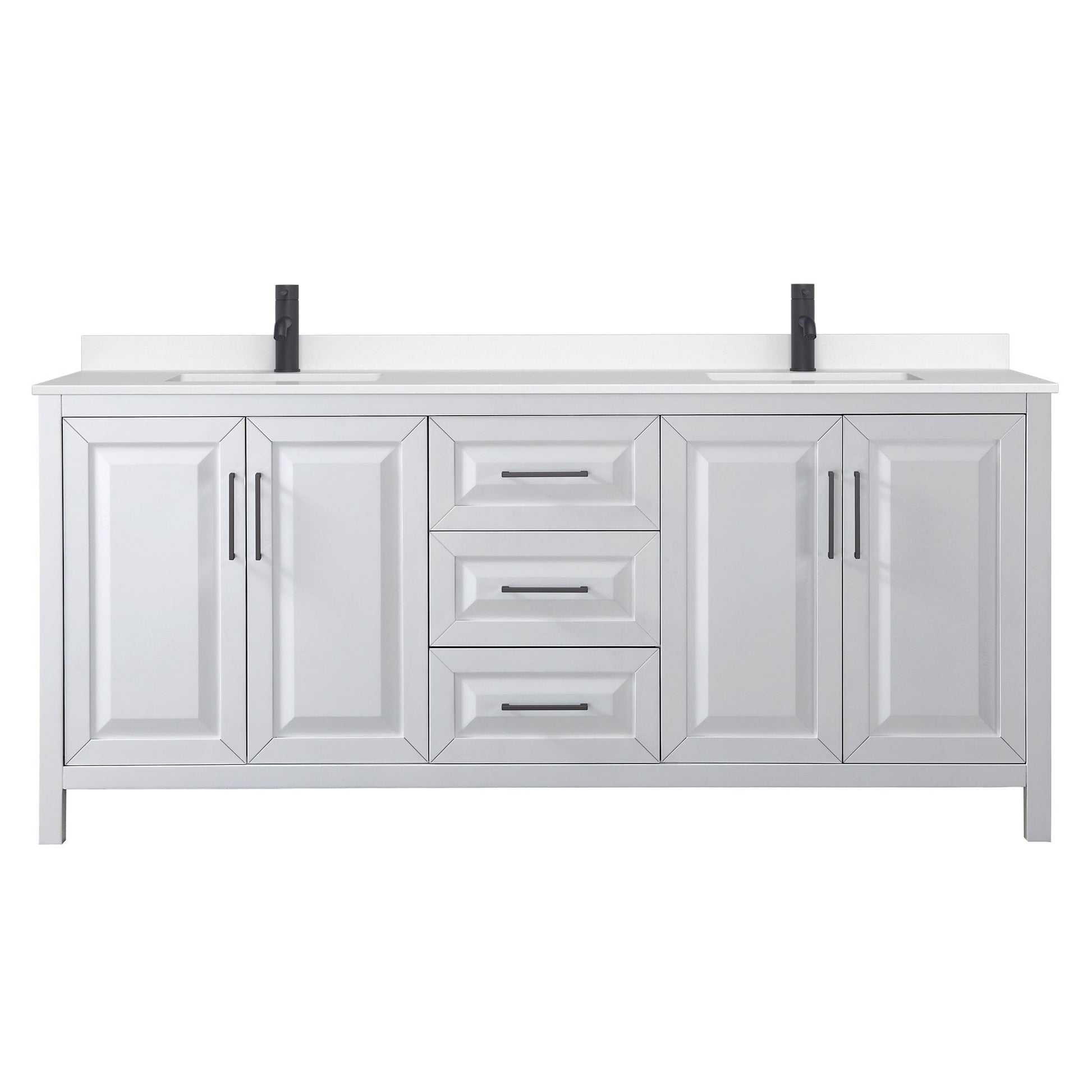 Wyndham Collection Daria 80" Double Bathroom Vanity in White, White Quartz Countertop, Undermount Square Sinks (1-Hole), Matte Black Trim