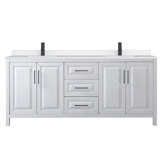 Wyndham Collection Daria 80" Double Bathroom Vanity in White, White Quartz Countertop, Undermount Square Sinks (1-Hole), Matte Black Trim