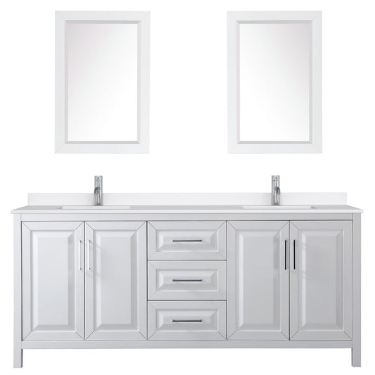 Wyndham Collection Daria 80" Double Bathroom Vanity in White, White Quartz Countertop, Undermount Square Sinks (1-Hole), Polished Chrome Trim, 24" Mirrors