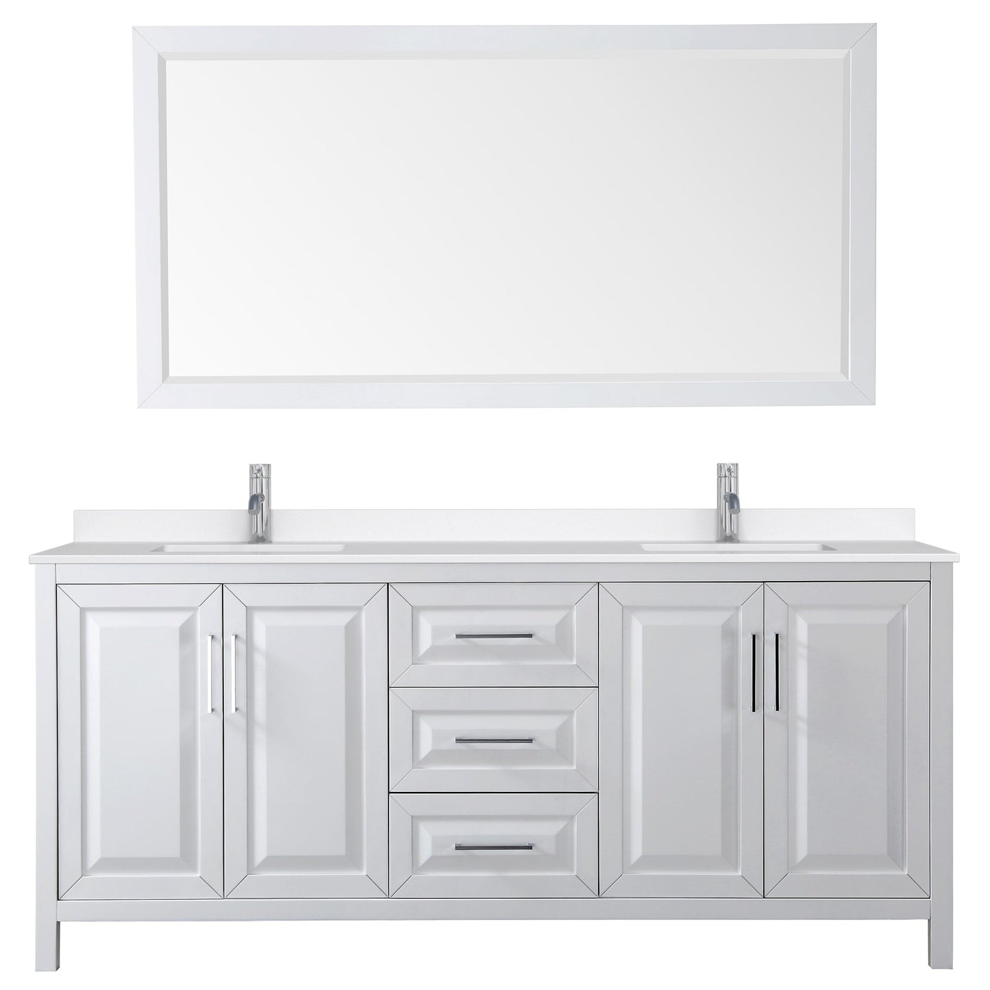 Wyndham Collection Daria 80" Double Bathroom Vanity in White, White Quartz Countertop, Undermount Square Sinks (1-Hole), Polished Chrome Trim, 70" Mirror