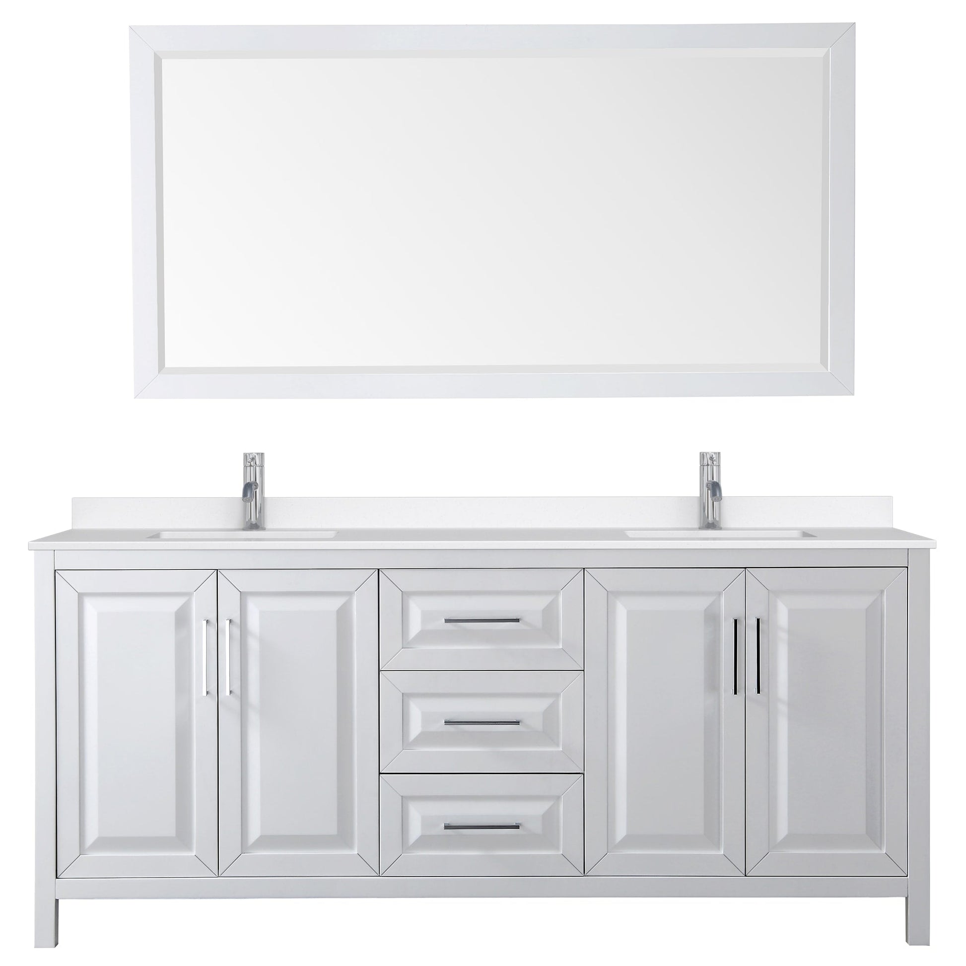 Wyndham Collection Daria 80" Double Bathroom Vanity in White, White Quartz Countertop, Undermount Square Sinks (1-Hole), Polished Chrome Trim, 70" Mirror