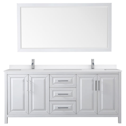 Wyndham Collection Daria 80" Double Bathroom Vanity in White, White Quartz Countertop, Undermount Square Sinks (1-Hole), Polished Chrome Trim, 70" Mirror