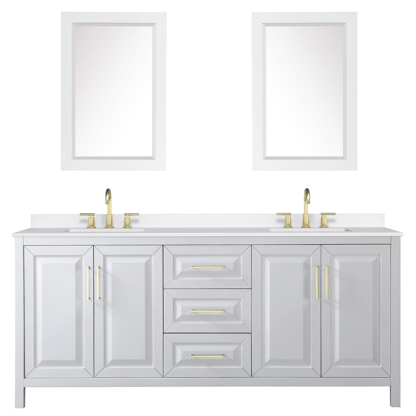Wyndham Collection Daria 80" Double Bathroom Vanity in White, White Quartz Countertop, Undermount Square Sinks (3-Hole), Brushed Gold Trim, 24" Mirrors