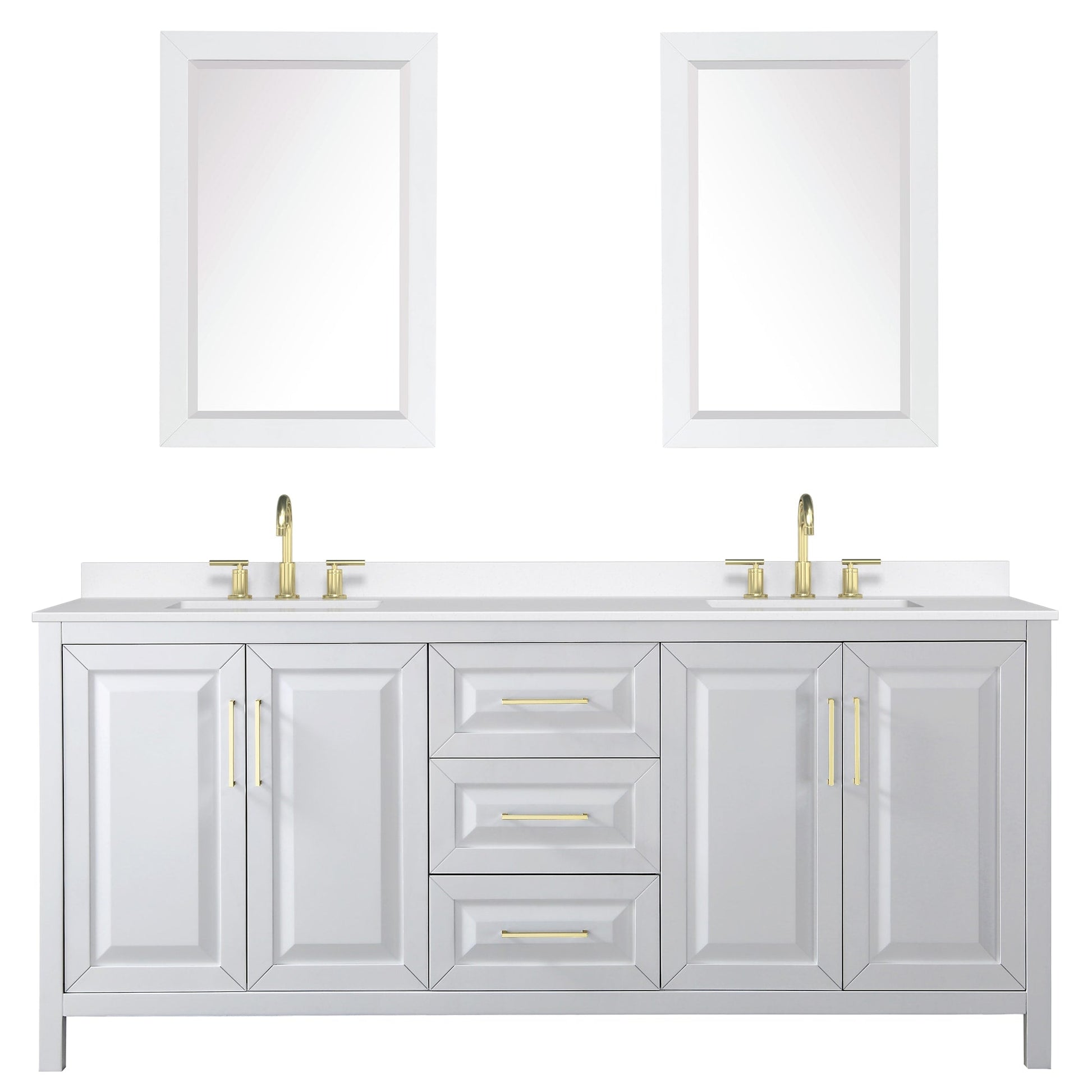 Wyndham Collection Daria 80" Double Bathroom Vanity in White, White Quartz Countertop, Undermount Square Sinks (3-Hole), Brushed Gold Trim, 24" Mirrors