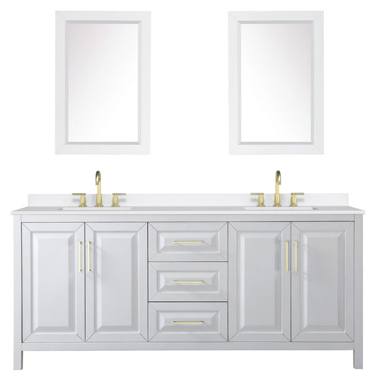 Wyndham Collection Daria 80" Double Bathroom Vanity in White, White Quartz Countertop, Undermount Square Sinks (3-Hole), Brushed Gold Trim, 24" Mirrors