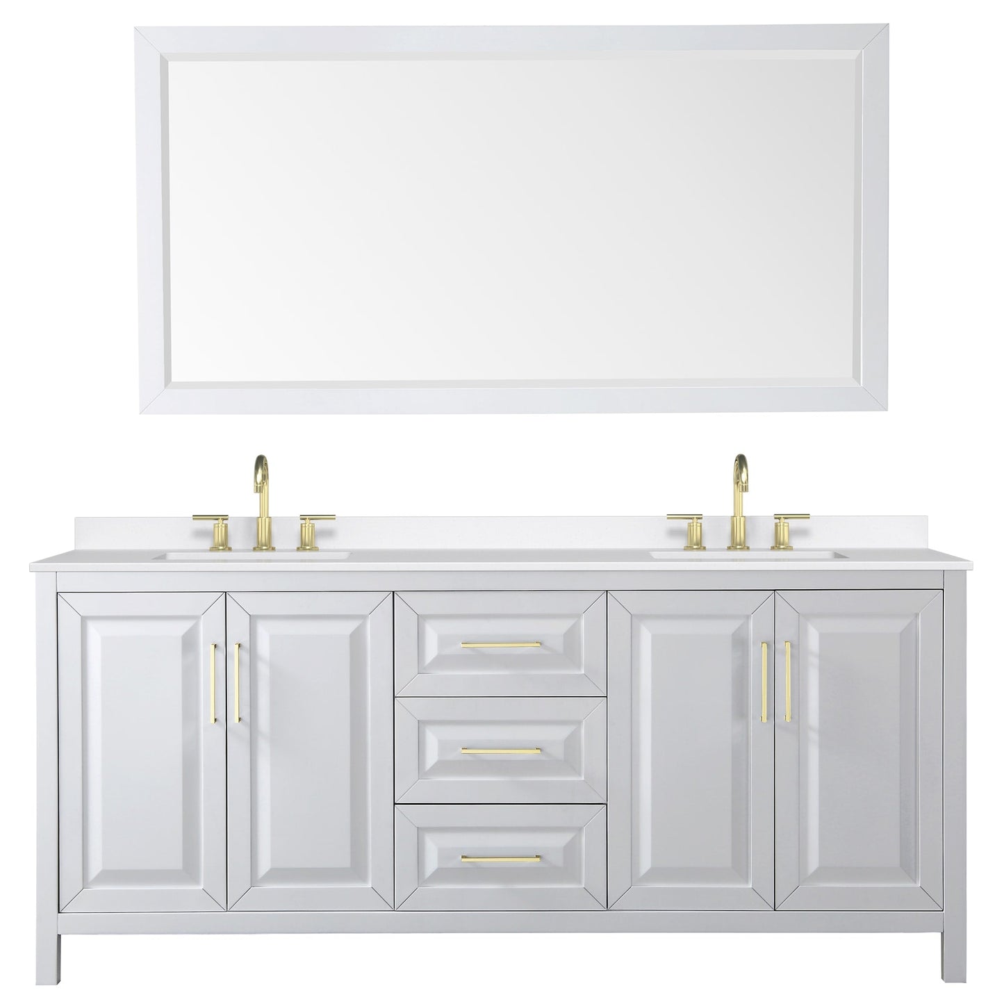 Wyndham Collection Daria 80" Double Bathroom Vanity in White, White Quartz Countertop, Undermount Square Sinks (3-Hole), Brushed Gold Trim, 70" Mirror