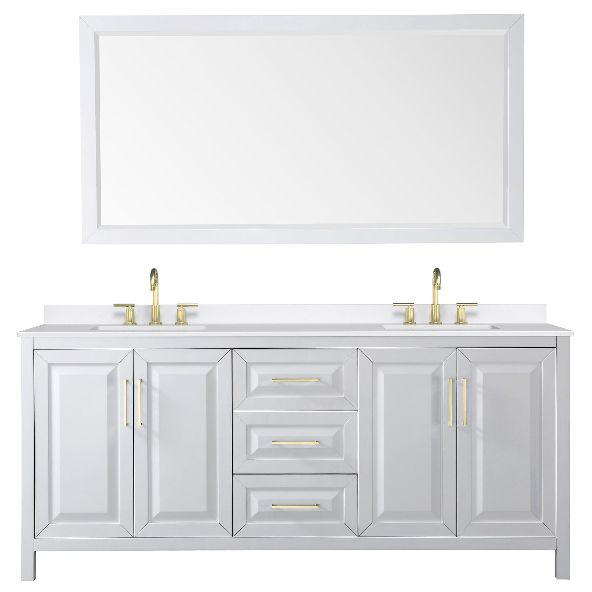 Wyndham Collection Daria 80" Double Bathroom Vanity in White, White Quartz Countertop, Undermount Square Sinks (3-Hole), Brushed Gold Trim, 70" Mirror