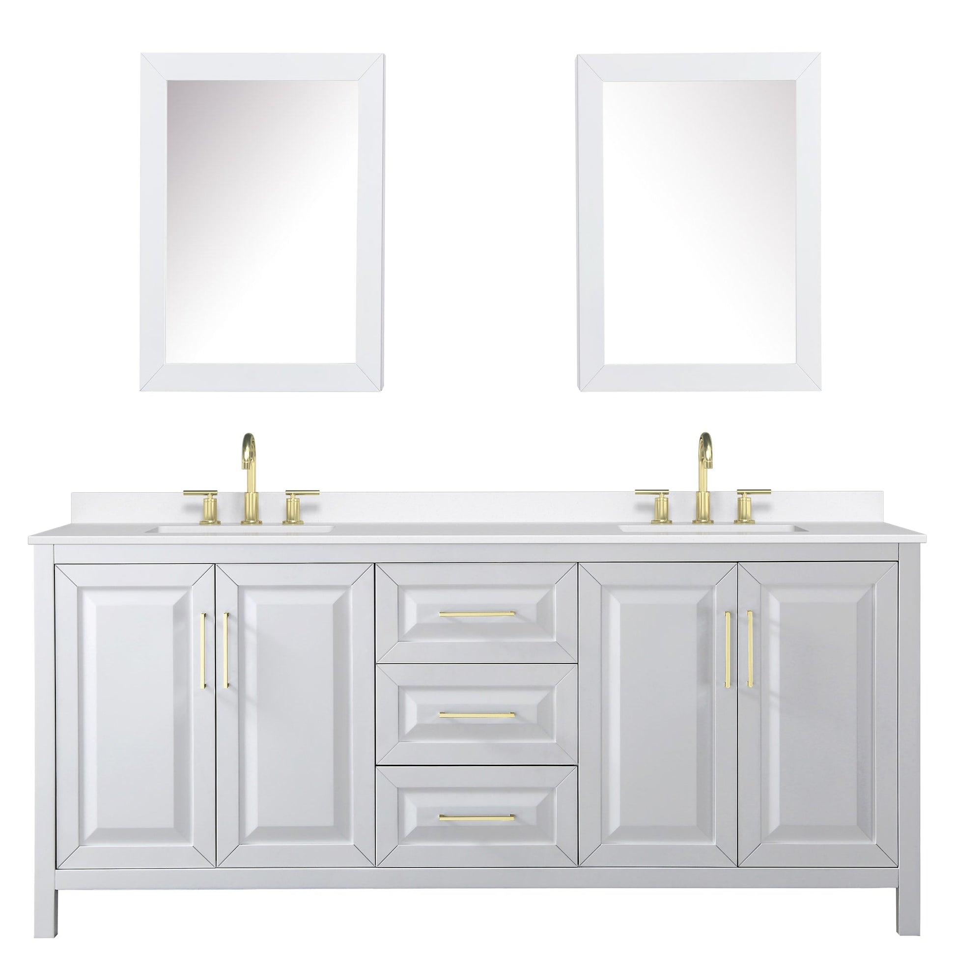 Wyndham Collection Daria 80" Double Bathroom Vanity in White, White Quartz Countertop, Undermount Square Sinks (3-Hole), Brushed Gold Trim, Medicine Cabinets