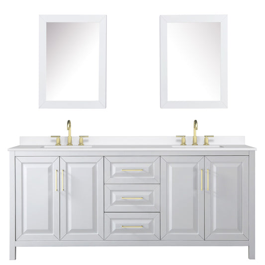 Wyndham Collection Daria 80" Double Bathroom Vanity in White, White Quartz Countertop, Undermount Square Sinks (3-Hole), Brushed Gold Trim, Medicine Cabinets