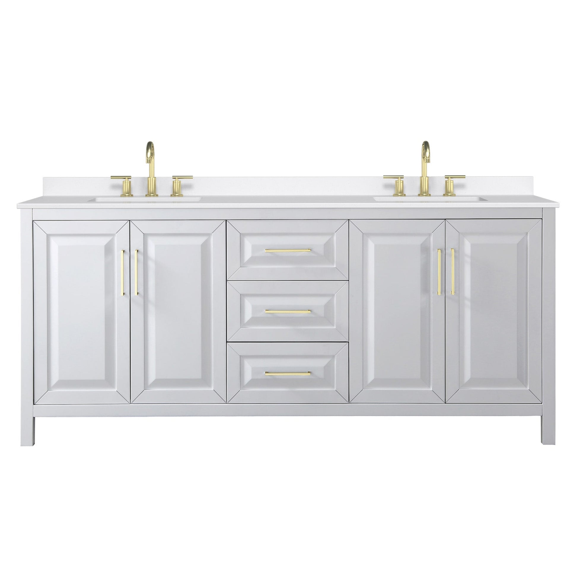 Wyndham Collection Daria 80" Double Bathroom Vanity in White, White Quartz Countertop, Undermount Square Sinks (3-Hole), Brushed Gold Trim
