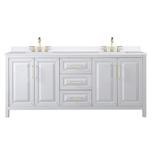 Wyndham Collection Daria 80" Double Bathroom Vanity in White, White Quartz Countertop, Undermount Square Sinks (3-Hole), Brushed Gold Trim