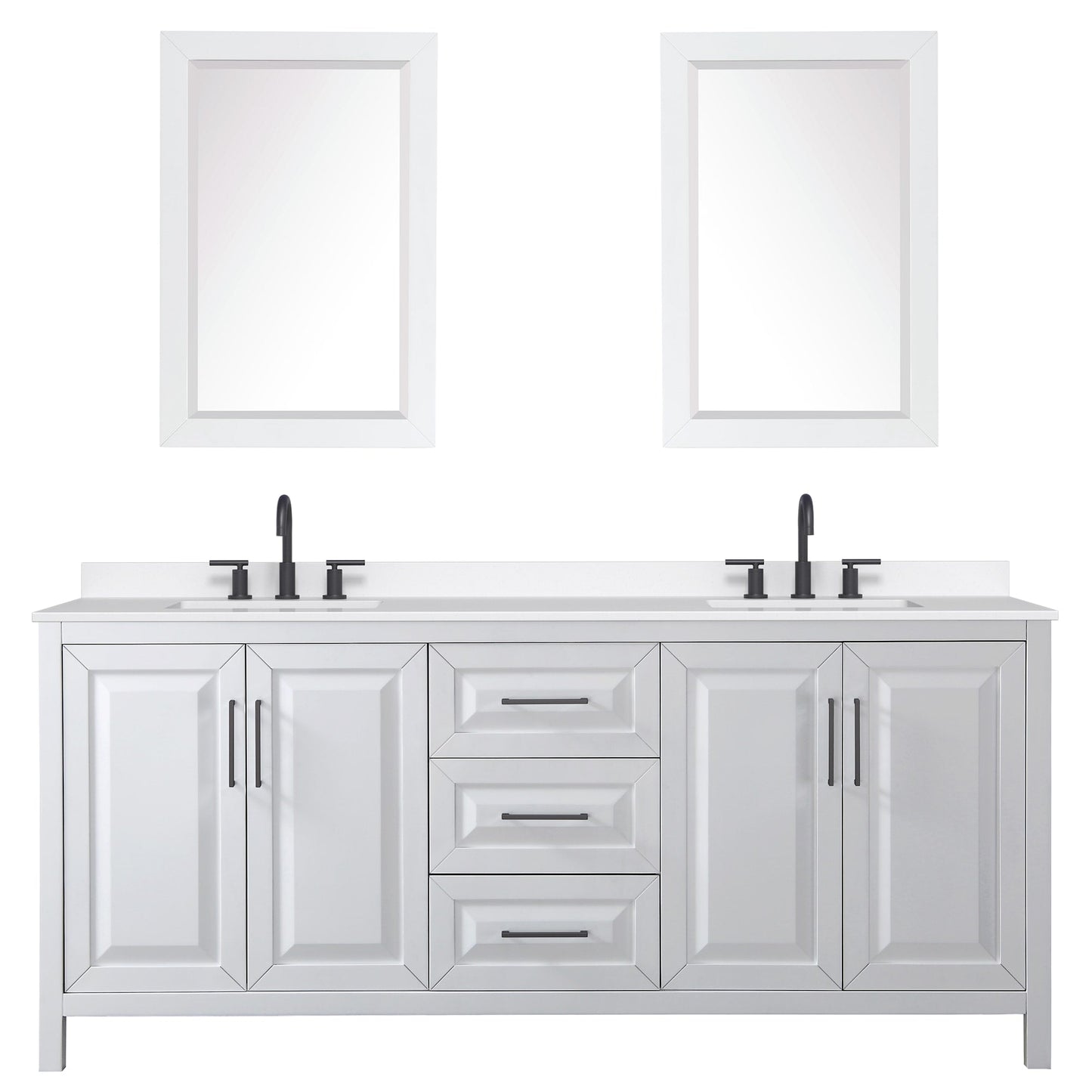Wyndham Collection Daria 80" Double Bathroom Vanity in White, White Quartz Countertop, Undermount Square Sinks (3-Hole), Matte Black Trim, 24" Mirrors