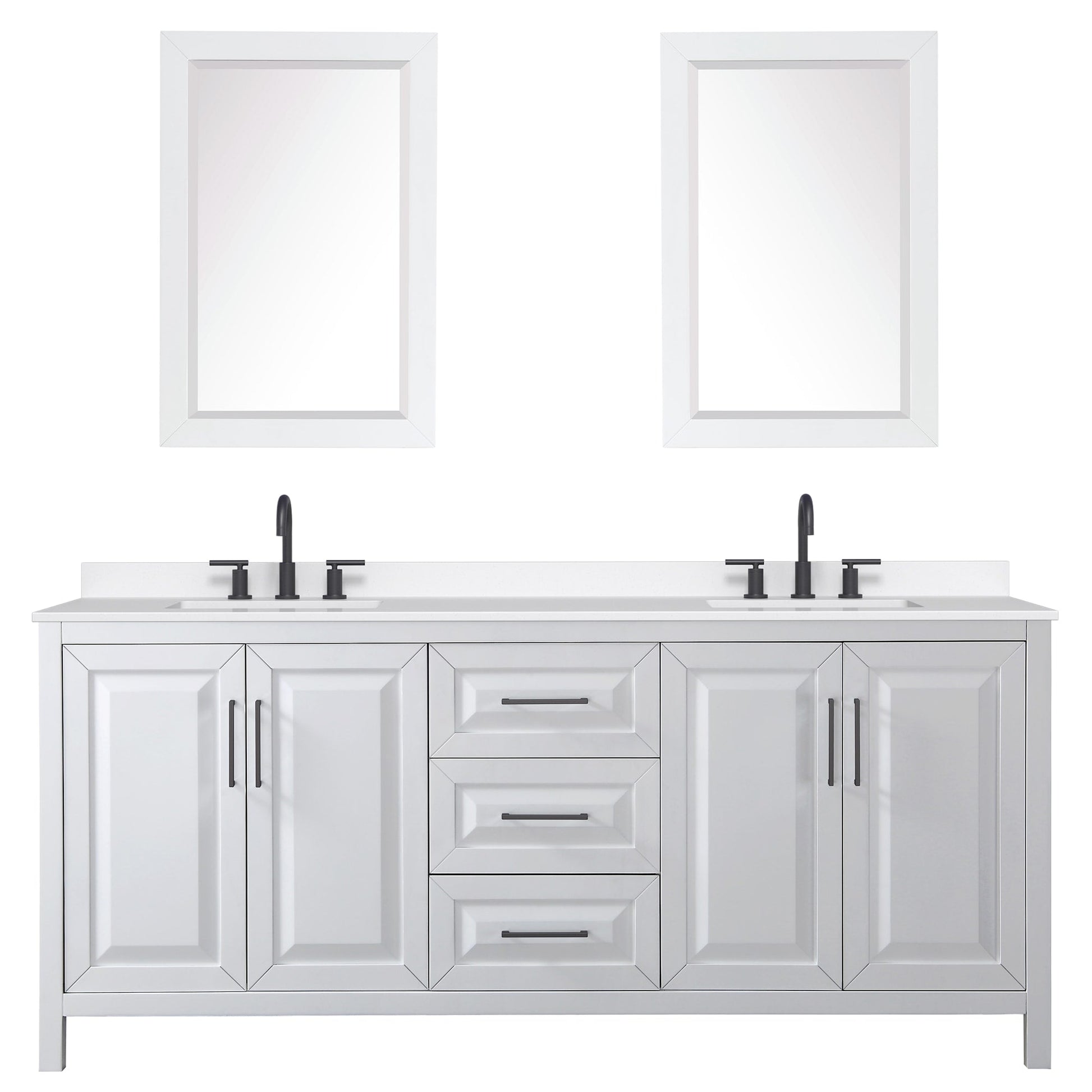 Wyndham Collection Daria 80" Double Bathroom Vanity in White, White Quartz Countertop, Undermount Square Sinks (3-Hole), Matte Black Trim, 24" Mirrors