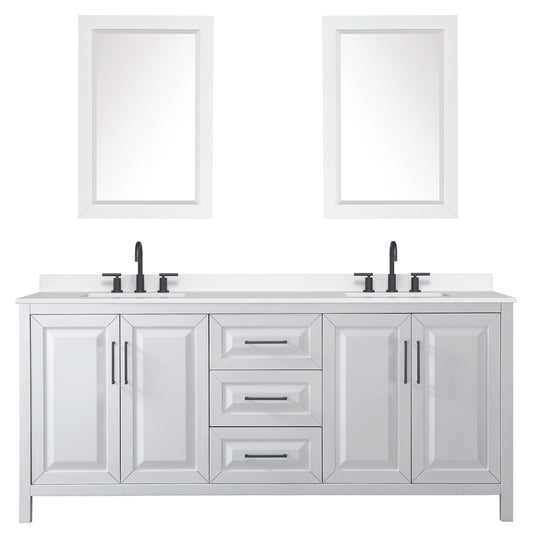 Wyndham Collection Daria 80" Double Bathroom Vanity in White, White Quartz Countertop, Undermount Square Sinks (3-Hole), Matte Black Trim, 24" Mirrors