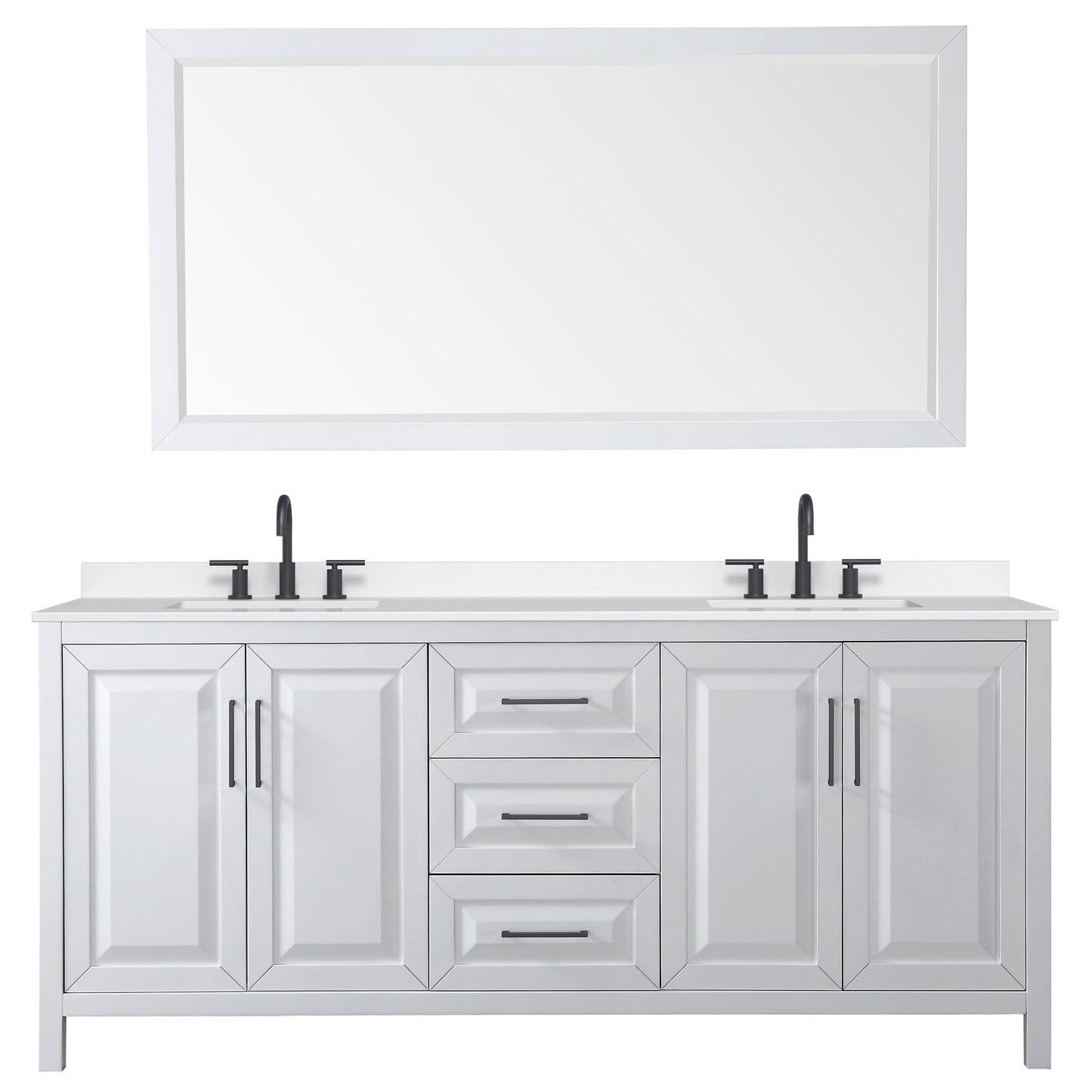 Wyndham Collection Daria 80" Double Bathroom Vanity in White, White Quartz Countertop, Undermount Square Sinks (3-Hole), Matte Black Trim, 70" Mirror