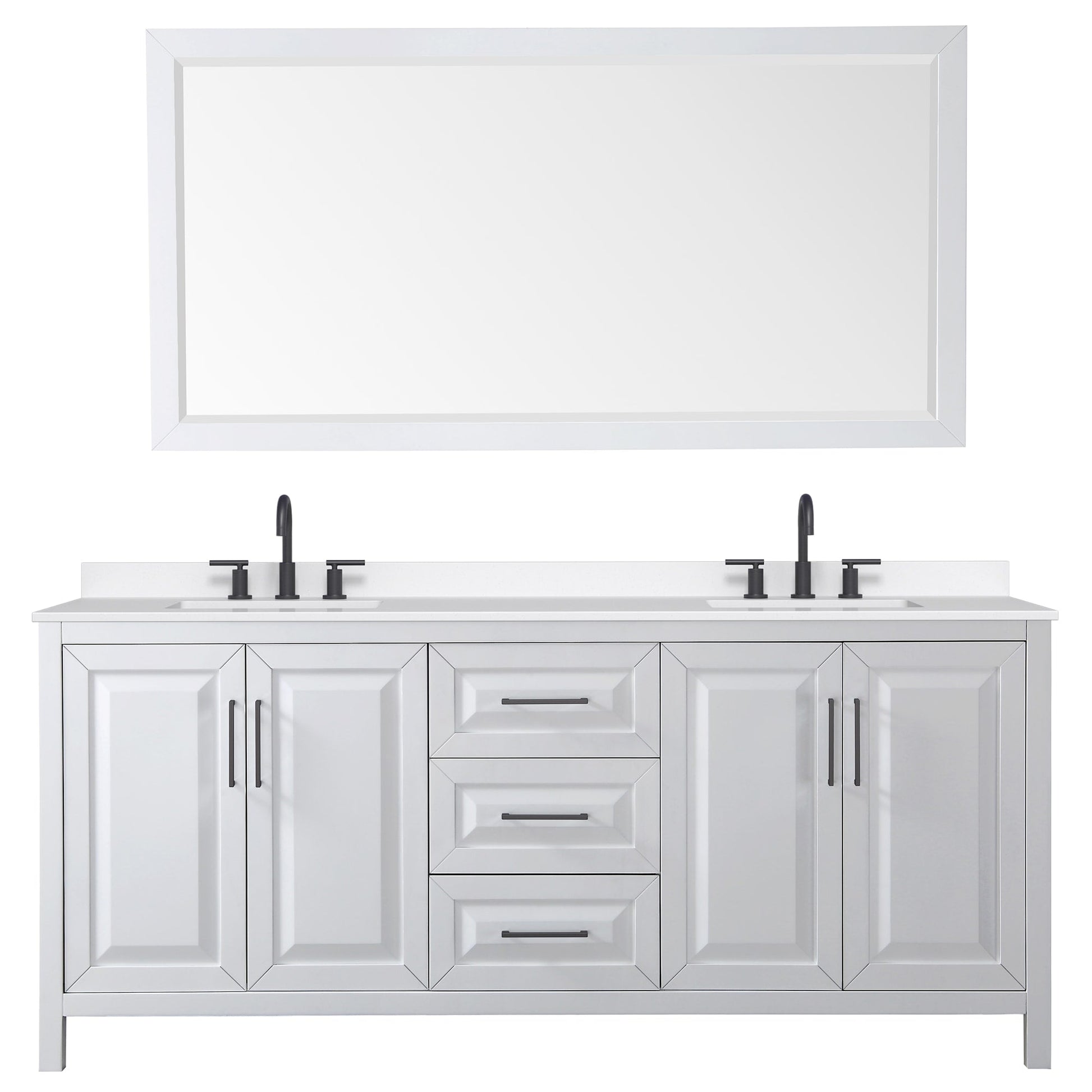 Wyndham Collection Daria 80" Double Bathroom Vanity in White, White Quartz Countertop, Undermount Square Sinks (3-Hole), Matte Black Trim, 70" Mirror