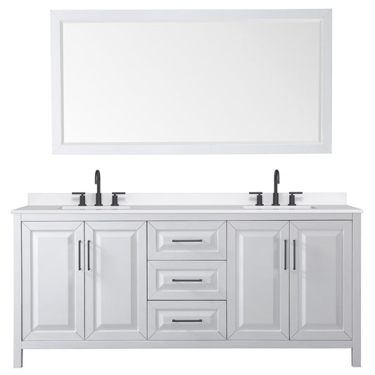 Wyndham Collection Daria 80" Double Bathroom Vanity in White, White Quartz Countertop, Undermount Square Sinks (3-Hole), Matte Black Trim, 70" Mirror