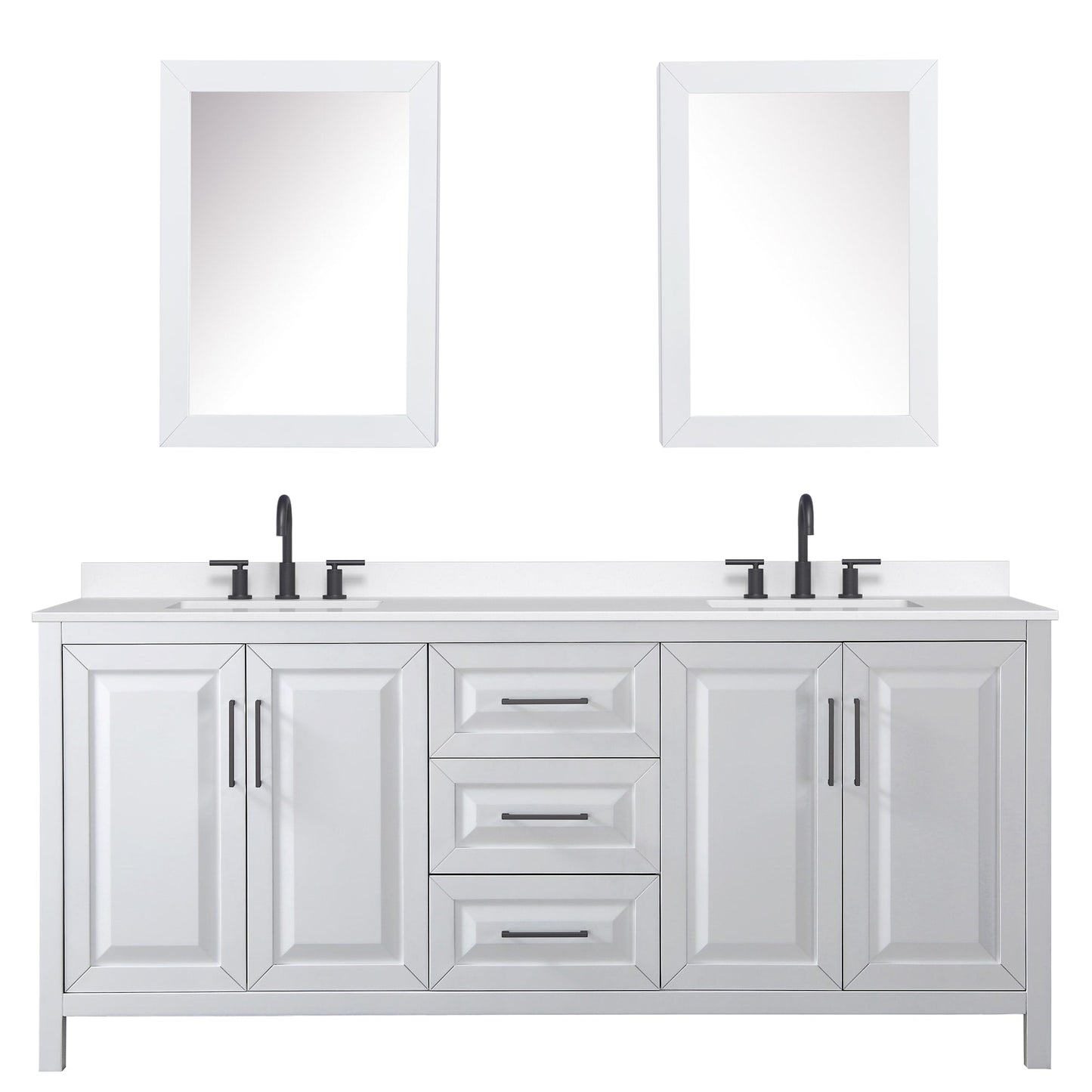 Wyndham Collection Daria 80" Double Bathroom Vanity in White, White Quartz Countertop, Undermount Square Sinks (3-Hole), Matte Black Trim, Medicine Cabinets