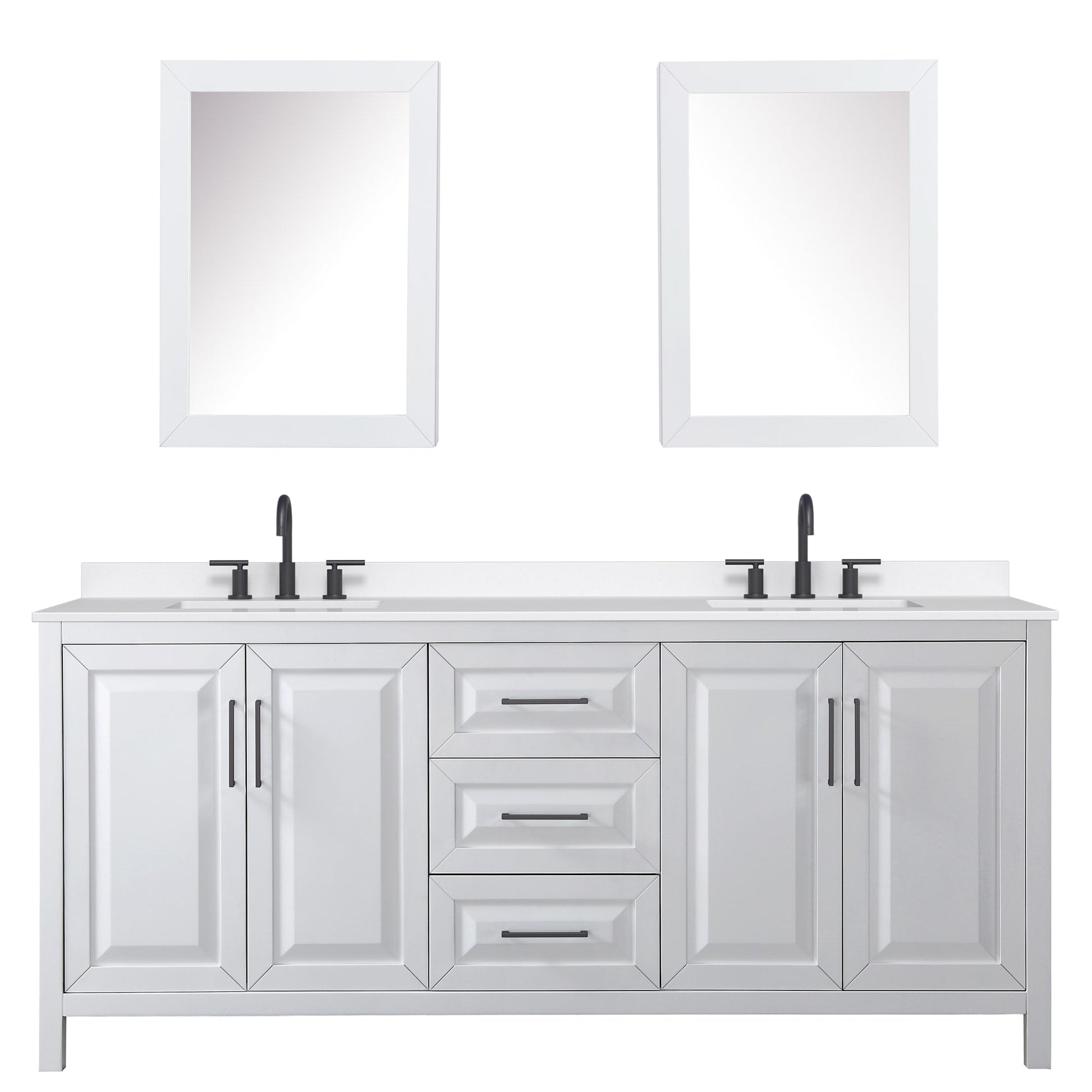 Wyndham Collection Daria 80" Double Bathroom Vanity in White, White Quartz Countertop, Undermount Square Sinks (3-Hole), Matte Black Trim, Medicine Cabinets