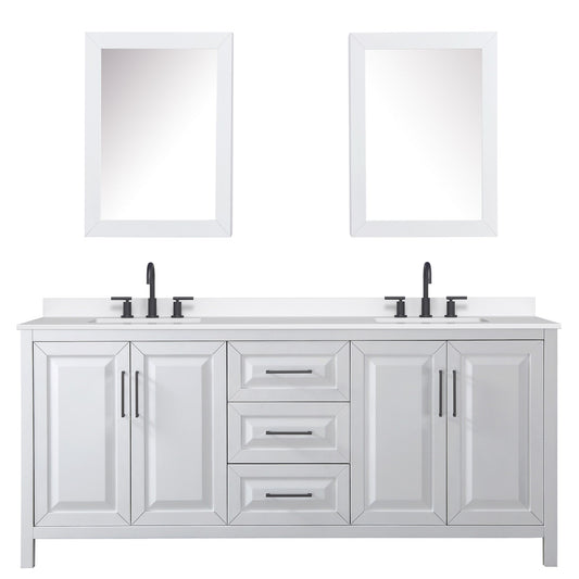 Wyndham Collection Daria 80" Double Bathroom Vanity in White, White Quartz Countertop, Undermount Square Sinks (3-Hole), Matte Black Trim, Medicine Cabinets