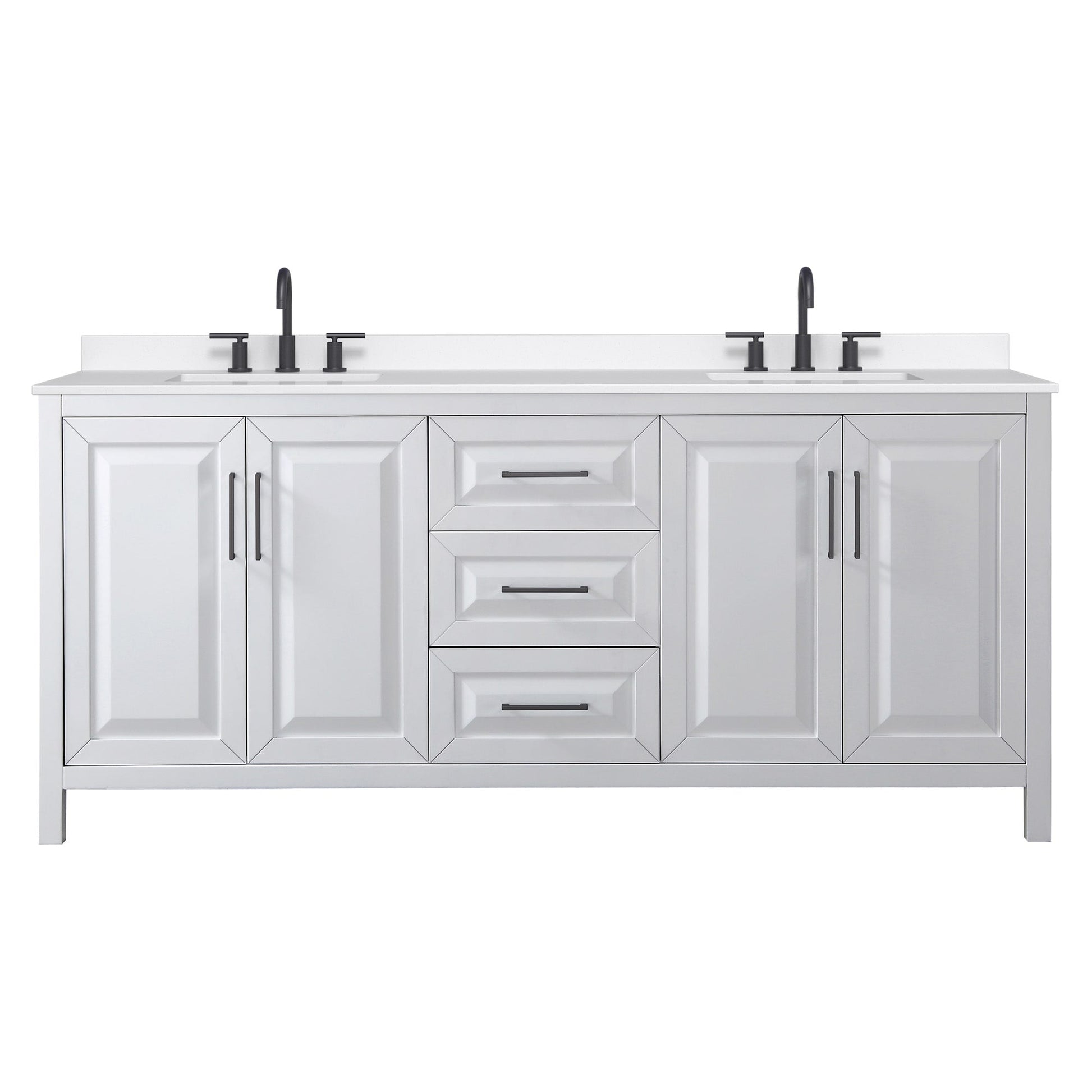 Wyndham Collection Daria 80" Double Bathroom Vanity in White, White Quartz Countertop, Undermount Square Sinks (3-Hole), Matte Black Trim