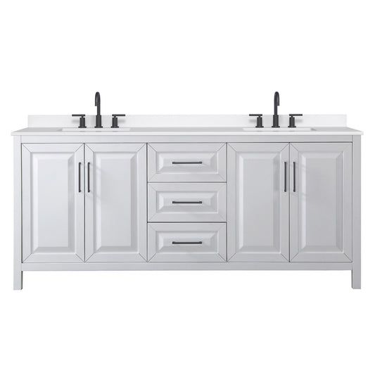 Wyndham Collection Daria 80" Double Bathroom Vanity in White, White Quartz Countertop, Undermount Square Sinks (3-Hole), Matte Black Trim