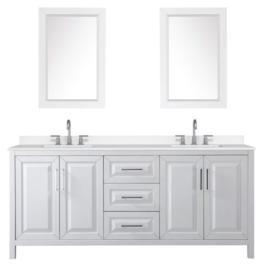 Wyndham Collection Daria 80" Double Bathroom Vanity in White, White Quartz Countertop, Undermount Square Sinks (3-Hole), Polished Chrome Trim, 24" Mirrors