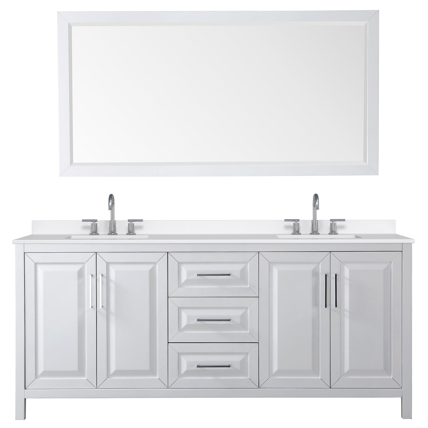 Wyndham Collection Daria 80" Double Bathroom Vanity in White, White Quartz Countertop, Undermount Square Sinks (3-Hole), Polished Chrome Trim, 70" Mirror