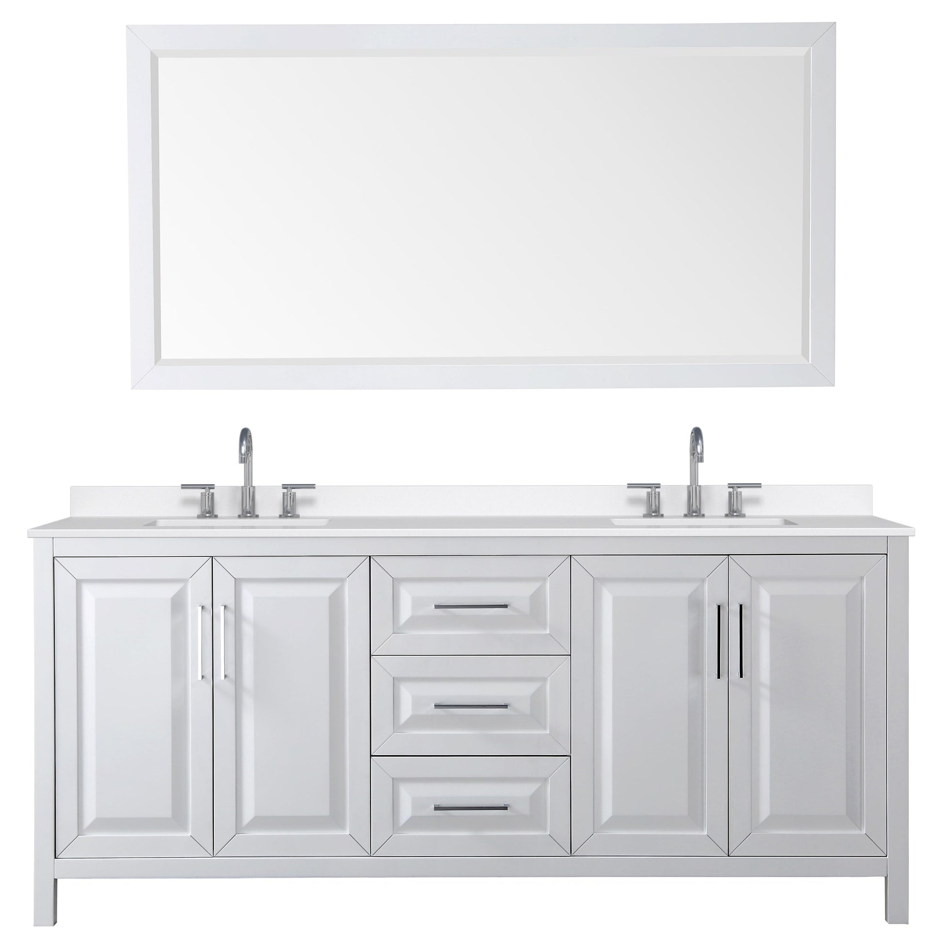 Wyndham Collection Daria 80" Double Bathroom Vanity in White, White Quartz Countertop, Undermount Square Sinks (3-Hole), Polished Chrome Trim, 70" Mirror