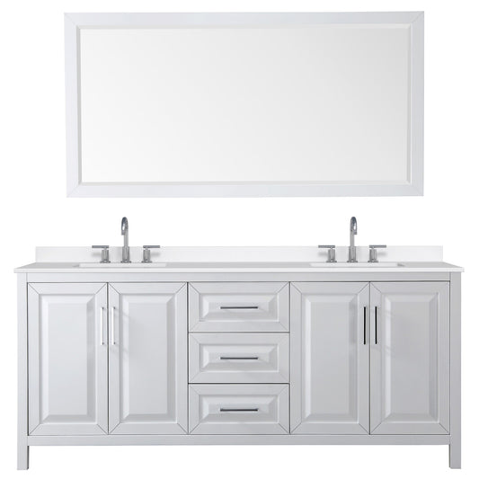 Wyndham Collection Daria 80" Double Bathroom Vanity in White, White Quartz Countertop, Undermount Square Sinks (3-Hole), Polished Chrome Trim, 70" Mirror