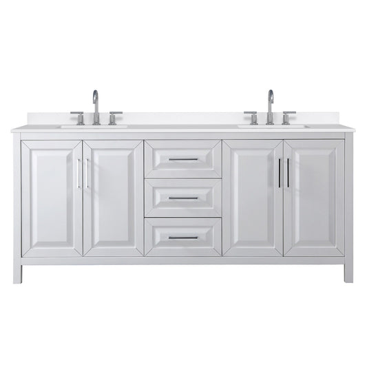 Wyndham Collection Daria 80" Double Bathroom Vanity in White, White Quartz Countertop, Undermount Square Sinks (3-Hole), Polished Chrome Trim