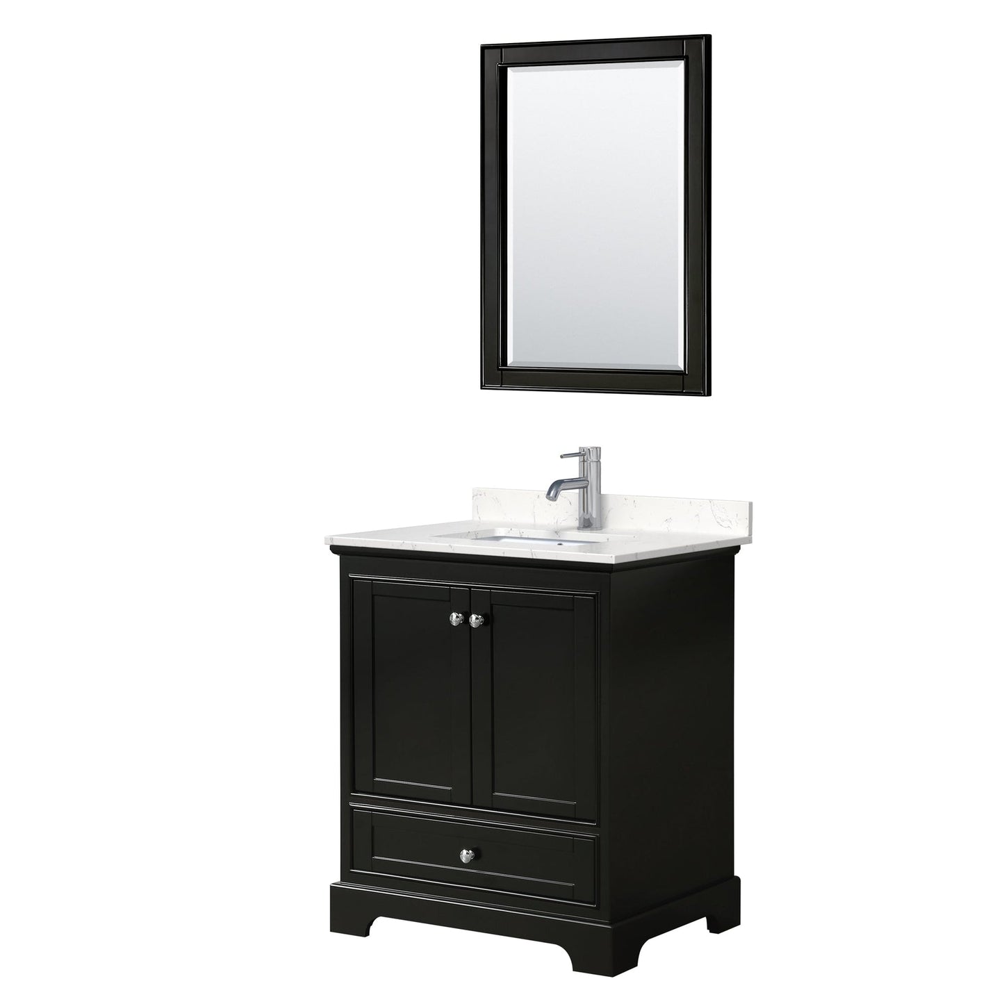 Wyndham Collection Deborah 30" Single Bathroom Vanity in Dark Espresso, Light-Vein Carrara Cultured Marble Countertop, Undermount Square Sink, 24" Mirror