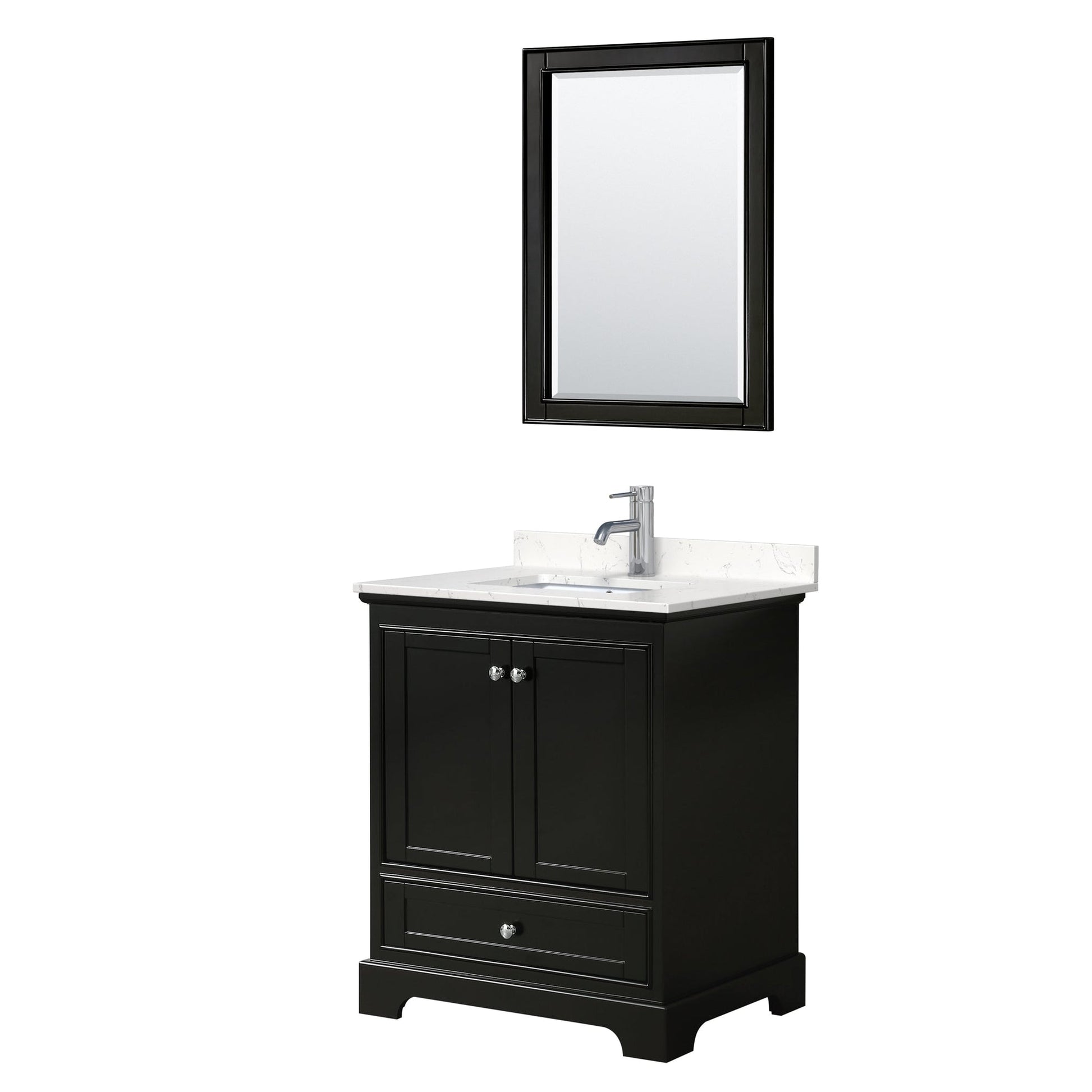 Wyndham Collection Deborah 30" Single Bathroom Vanity in Dark Espresso, Light-Vein Carrara Cultured Marble Countertop, Undermount Square Sink, 24" Mirror