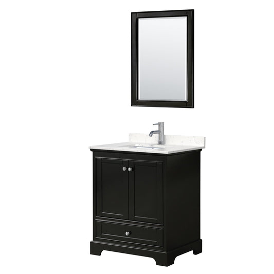 Wyndham Collection Deborah 30" Single Bathroom Vanity in Dark Espresso, Light-Vein Carrara Cultured Marble Countertop, Undermount Square Sink, 24" Mirror